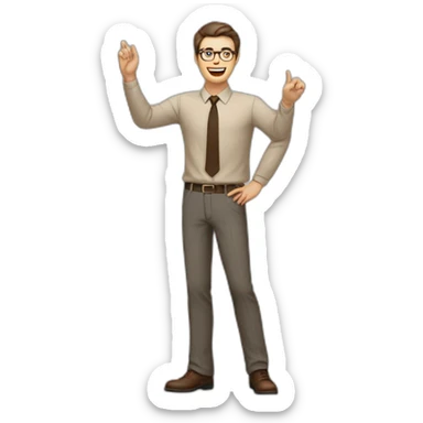 To belt Actively gesturing with hands Pale skinned fit man teacher with dark brown hair in gray jacket, beige office shirt, brown tie, brown pants and vintage glasses. sticker