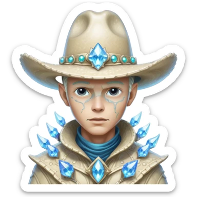 Portrait of a crystalline alien cowboy, face made of sharp translucent crystal structures, light refracting through edges, elegant cowboy hat carved from alien mineral, dramatic rim lighting, ultra detailed fantasy sci-fi portrait
 sticker