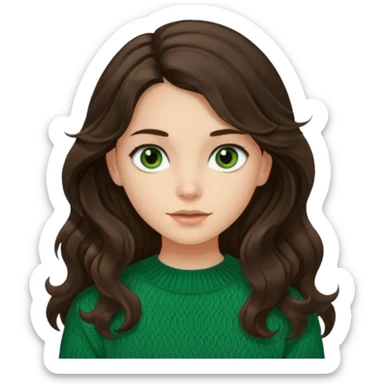 Una chica güera con pelo ondulado café oscuro largo ojos cafés oscuros y con un suéter o camisa veerde. El pelo hazlo un poco más largo, con los ojos cafés oscuros  sticker
