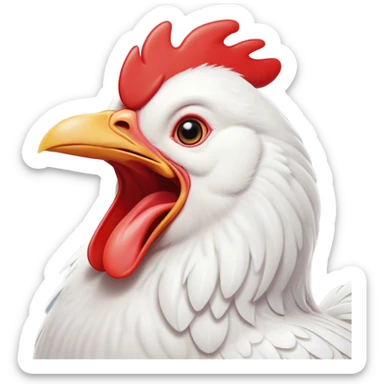 Cinematic Cute Yawning White Chicken Portrait Emoji, Head tilted slightly with a dramatic, wide-open yawn, showcasing a soft, fluffy white plumage with a crisp red comb and drooping wings, round beady eyes barely open in drowsy contentment, Simplified yet irresistibly adorable features, highly detailed, glowing with a soft, cozy glow, high shine, relaxed yet expressive, stylized with a touch of whimsy, bright and endearing, soft glowing outline, capturing the essence of a sleepy yet affectionate chicken, so drowsy it feels like it could stretch out of the screen and curl up for a nap! sticker