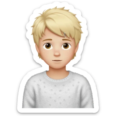 create-a-look-for-a-blond-boy-with-long-tousled-hair-light-eyes-a-white-sweat + fluffy white sweater + styled hair blonde with hair to the side cute + cute face with freckles  medium hair fluffy to the side no long hair cute hair sticker