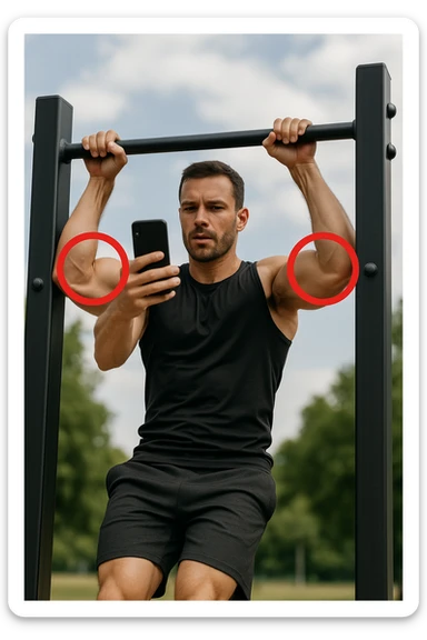 uomo che fa Muscle up e si sta filmando davanti con il telefonino per vedere la sua posizione dei gomiti e delle mani sulla sbarra, fai dei cerchi per indicara i gomiti sticker