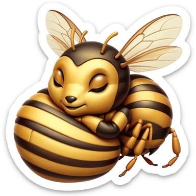 Meme-Worthy Cute Sleeping Hornet Portrait Emoji, Head resting peacefully with a contented smile, showcasing a compact, striped body with softly closed wings and eyes gently closed in serene slumber, Simplified yet adorably endearing features, highly detailed, glowing with a soft, drowsy glow, high shine, relaxed and utterly lovable, stylized with an air of playful laziness, soft glowing outline, capturing the essence of a sleeping hornet that feels destined to become the next viral icon of adorable rest! sticker