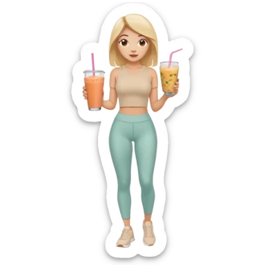 a young woman full length in a beige top and leggings and white sneakers with a passion fruit smoothie in one hand and a salmon poke bowl in the other hand sticker