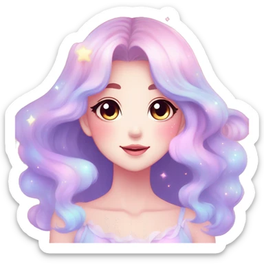 Gorgeous pastel anime style lady blushing nebula-gradient-sparkle face dreamy idol model colorful shiny stars galaxy kawaii cottagecore pearly petite simplistic aesthetic trending style sticker