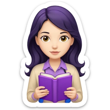 Long Hair Women with purple Book, Black wavy hair, beige shirt sticker