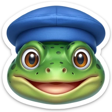 frog blinking and smiling while wearing a blue hat sticker