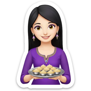 a pretty bratz girl with straight black hair, wearing a purple kurti, silver jhumkas, eyeliner, carrying a plate of momos. No necklace or bindi sticker