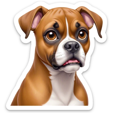 Cinematic Comical Fawn Boxer dog Portrait Emoji, Head tilted dramatically with an exaggeratedly shocked or offended expression, featuring a sleek fawn Fur with a distinctive white muzzle, wide, expressive brown eyes filled with exaggerated disbelief, Simplified yet hilariously expressive features, highly detailed, glowing with a slightly sassy glow, high shine, dramatic yet playful, stylized with an air of attitude, bright and endearing, soft glowing outline, capturing the essence of a sassy and over-the-top guardian, so meme-worthy it feels like it could side-eye its way into internet fame instantly! sticker