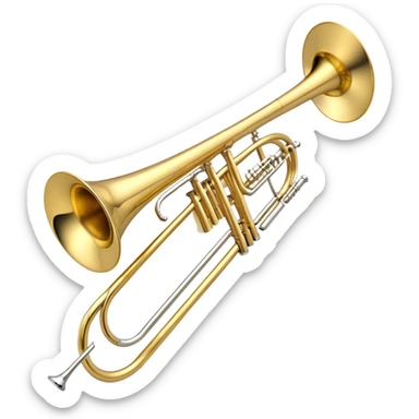 Create an elegant and detailed emoji representing the Bach Bb/F tenor trombone. The design should feature the smooth, shiny brass body of the trombone, showcasing its large, flared bell and curved tubing. Highlight the tuning slide with its polished metal finish, and the mouthpiece should be clearly visible. The trombone’s surface should have a gleaming brass tone with subtle silver accents around the mouthpiece and slide. Add a few musical notes or soundwaves emanating from the bell to emphasize the powerful sound of the trombone. Use golden and brass tones with reflective light effects to enhance the trombone’s professional and high-quality appearance. The background should be transparent. sticker