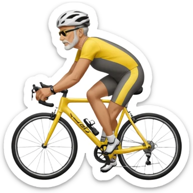 emoji of a 60-year-old man, about 200 lbs, no beard, no eyeglasses, in loose cycling clothes, yellow and black top, straddling a grey road bike, graphic design, adding a background of a road in a neighborhood or highway sticker