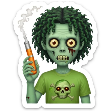 black mid long curly haired zombie getting stoned with weed t shirt and bong on his hand sticker