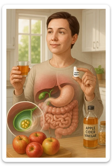 A detailed, realistic illustration or photo-style image showing a person holding a small glass of apple cider vinegar in one hand and a capsule labeled ‘Acido Malico’ in the other. In the foreground or as an overlay, a semi-transparent anatomical view of the abdomen highlights the gallbladder with visible small gallstones inside. Around the gallstones, gentle glowing waves or soft dissolving effects symbolize the softening or breakdown of the stones due to the natural acids. The person looks hopeful and calm, in a bright kitchen setting with fresh apples and natural health products on the counter. The overall mood is informative, natural, and hopeful about non-invasive, natural support for gallstone health sticker