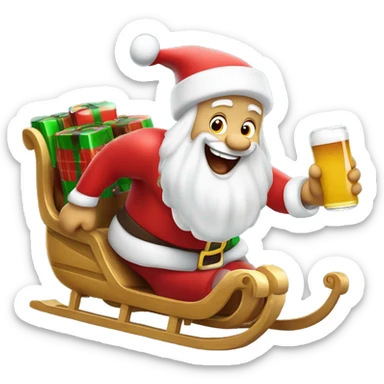 Excited  white skin Santa sticking out tongue while riding and holding beer on the sled sticker