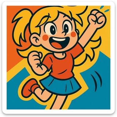 Add a colorful, energetic background that matches her excitement, keeping the vibrant toon style. sticker