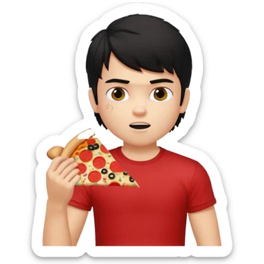 generate a pretty fair bratz boy with a messy mullet (black hair), wearing a red tshirt. eating pizza. He has big biceps sticker
