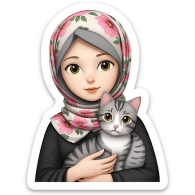 White girl with printed flower hijab holding a black and grey tabby cat sticker
