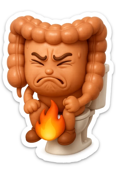 SU QUESTO STILE FAI UN EMOJI STILE IPHONE 3D DI UN INTESTINO CHE sta seduto sul wc e dal wc in mezzo alle sue gambe esce una fiamma stile emoji iphone, FAGLI UN ESPRESSIONE di dolore mentre si sforza E FALLO MOLTO REALISTICO IN 3D sticker