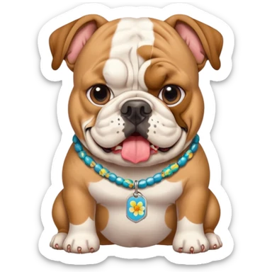 cute emoji of an english bulldog with a Hawaiian shirt and a 'chompers' dog tag sticker