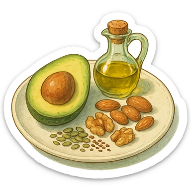 plate with avocado, nuts, olive oil, and seeds in ghibli style sticker