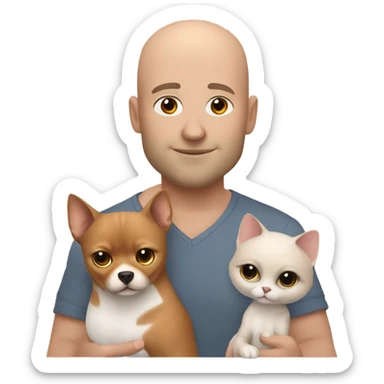White, bald man is holding a grey, small sphinx cat and woman with dark, straight hair is holding orange, fluffy Pomeranian dog sticker