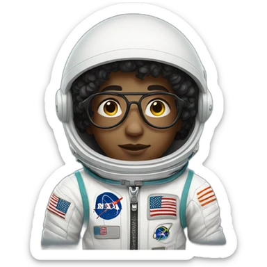 Boy with black short curly hear and glasses wearing a white astronaut suit sticker