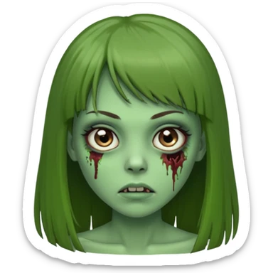 Zumbi feminino, de pele verde, cabelo longo liso e castanho com franja. rosto oval e cilios grandes sticker