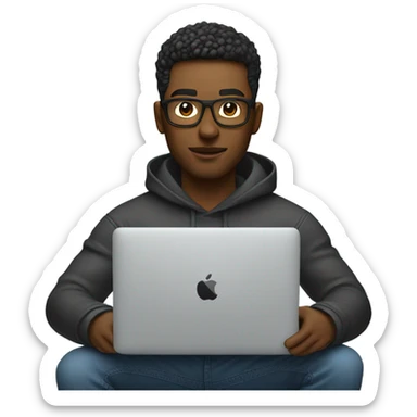 product designer sitting with macbook sticker
