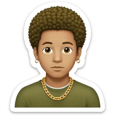 Light brown skinned African American man with very short Afro hair with a olive green sweater and a gold chain and small stud earrings  sticker