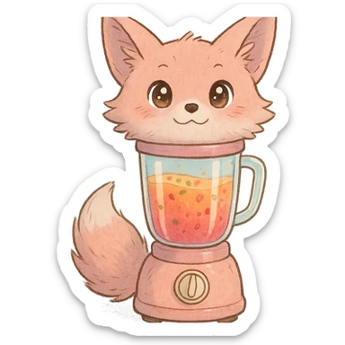 a fluffy fox blender, transparent body with a fruity smoothie inside, sparkling eyes, pastel pink, full-body sticker