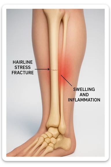 3D realistic medical illustration: a close-up of a human lower leg (tibia), showing the bone with a visible hairline stress fracture. The surrounding soft tissue is semi-transparent, highlighting mild swelling and inflammation. Educational labels point to the fracture site. The background is clean and clinical, with a subtle gradient. sticker
