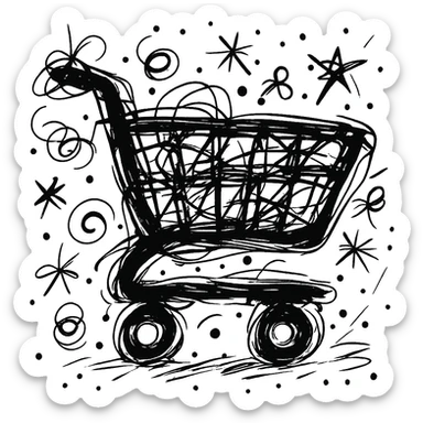 black shopping cart icon facing right, chaotic doodle style, only black outline sticker