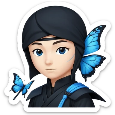 Crea un emoji para usar en WhatsApp con estos dos emoji 🥷🏻🦋.
Ninja vestido de negro con la piel blanca y una mariposa azul posada en su hombro izquierdo como si la mar6 estuviera volando en su hombro. sticker