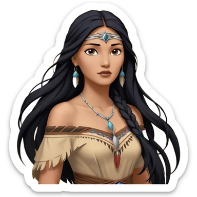 Cinematic Realistic Pocahontas Portrait, depicted with lifelike skin texture, soft natural lighting, and intricately detailed long, flowing raven-black hair that moves gracefully in the wind. Her deep, soulful dark brown eyes exude wisdom and strength, complemented by a serene yet powerful expression. She is dressed in her classic one-shoulder native american dress, with rich fabric textures and delicate beaded details that catch the light beautifully. The portrait features a soft, sun-kissed glow with a natural, radiant finish, capturing the essence of untamed beauty and deep connection to nature in a realistic and painterly style, evoking a sense of depth and authenticity. sticker