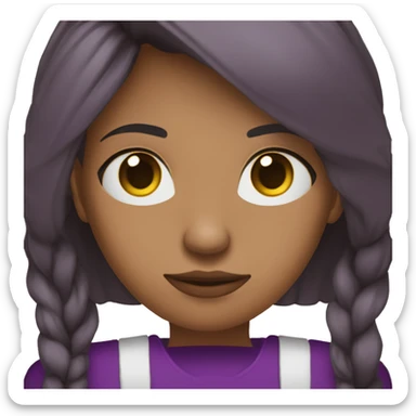 Mujer joven de tes trigueña de ojos razgados y oscuros usa una blusa morada y esta señalando con sus dos brazos hacia arriba sticker