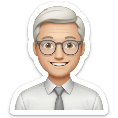 30 yr old pale white man, white/grey side swept stylish hair, round glasses, big smile, white teeth, handsome, longer hair, thin glasses, white dress shirt, smooth forhead sticker