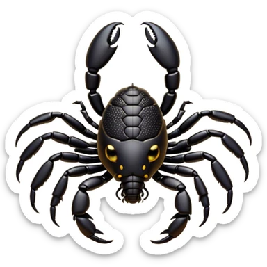 Cinematic Cute Emperor Scorpion Portrait Emoji, Head tilted playfully and inquisitively, with a compact, rugged build and a sleek, dark exoskeleton highlighted by delicate, intricate patterns and round, sparkling eyes full of curious defiance, Simplified yet irresistibly adorable features, highly detailed, glowing with a warm, friendly glow, high shine, affectionate and quirky, stylized with a touch of desert whimsy, soft glowing outline, capturing the essence of a mischievous yet endearing scorpion that feels like it could pinch its way out of the screen into your arms! sticker