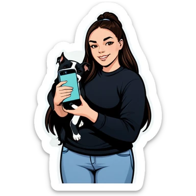 Beautiful young girl, slightly overweight with long dark hair that’s choppy cascading over her shoulders as she holds her black iPhone, and she has her beautiful dog mix of a pitbull with an under bite standing beside her sticker