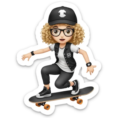 ["An excited girl with light skin, curly hair, wearing a baseball cap and square glasses, dressed in goth fashion, is skateboarding while holding a camera."] sticker