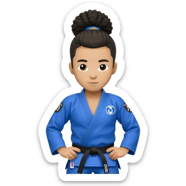 black jiu jitsu instructor with a afro ponytail and a low taper fade sides haircut, and a small fade on the sides with a blue belt and roger Gracie academy logo on the gi sticker