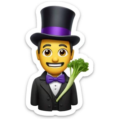 Man holding a leek with a top hat that has a purple band sticker