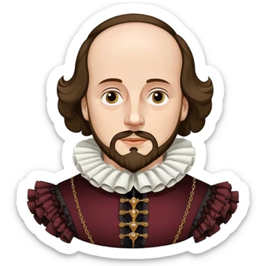 Cinematic Realistic portrait of William Shakespeare, depicted as an iconic playwright in richly detailed Elizabethan attire with a ruffled collar, expressive eyes, and a thoughtful gaze, bathed in dramatic historical lighting that evokes the Bard’s timeless legacy sticker