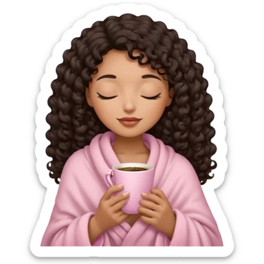 hispanic woman, brown skin, black long 3b curls, closed eyes, feminine face, holding soft pink coffee cup with beige blanket over shoulders sticker