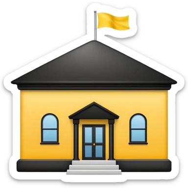 simple school, white background, magic school, black roof, with a big flag, big flag on a roof, big yellow flag, white school sticker