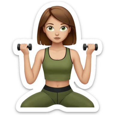 Girl with green eyes, brown hair that goes to her elbows, light skin, and freckles wearing an olive green crop top with black leggings working out, she has light gorgeous lashes sticker