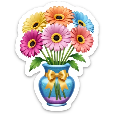 Various pastels Gerbera In a vase with glitter bow  sticker