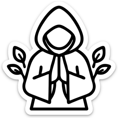 minimalist line art logo of a hooded monk in prayer with hands together, no face, wearing a robe with loose sleeves, two symmetrical leaves on each side, earthy brown tones on light parchment background, logo style Monachus sticker