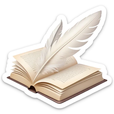 Create a delicate and poetic emoji representing poetry. The design should feature several elegantly flying pages with short poetic columns written on them. The pages should appear light and flowing, almost as if being carried by the wind. Include a white feather gently resting on the pages, symbolizing creativity and inspiration. Use soft, pastel tones to give it a dreamy, artistic feel. The design should feel ethereal and whimsical, capturing the essence of poetry. Make the background transparent. sticker