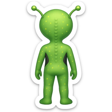 Add more details to this rear view alien in emoji style: visible antennae, subtle back ridges, small glowing spots, and a hint of feet, no background. sticker