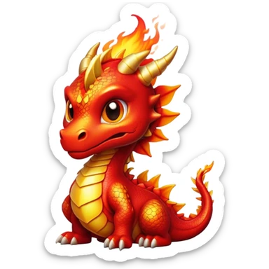 Cinematic Cute Fierce Fire Dragon Portrait Emoji, Head tilted playfully and inquisitively, showcasing a robust, flame-embellished form with intricately detailed scales in vibrant reds and glistening golds, accented by flickering ember highlights and a warm, inviting glow; rendered with lifelike detail and radiant natural light, high shine, spirited yet endearing, styled with a touch of blazing whimsy, soft glowing outline, capturing the essence of a mischievous yet charming inferno that seems ready to dance with playful fire! sticker